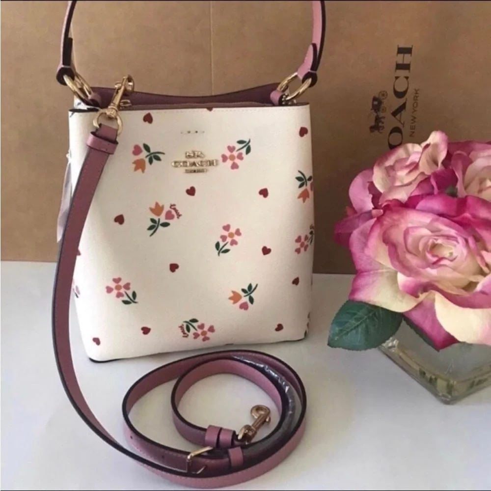 Coach Small Town Bucket Pink Leather Signature Canvas Heart Petal Print Chalk